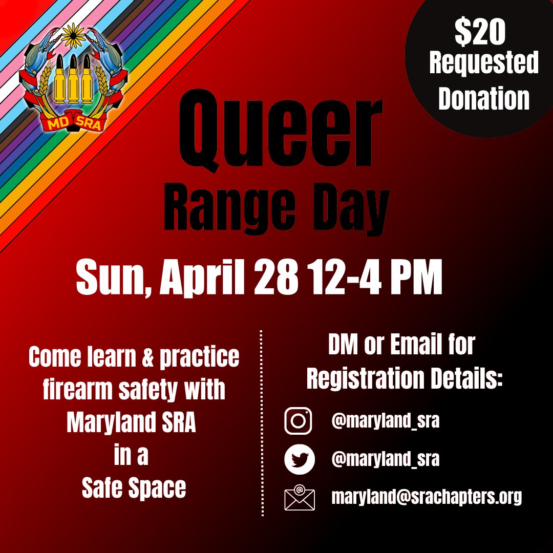 Sunday, April 28th, come learn and practice firearm safety with Maryland SRA in a safe space. DM or Email for registration details