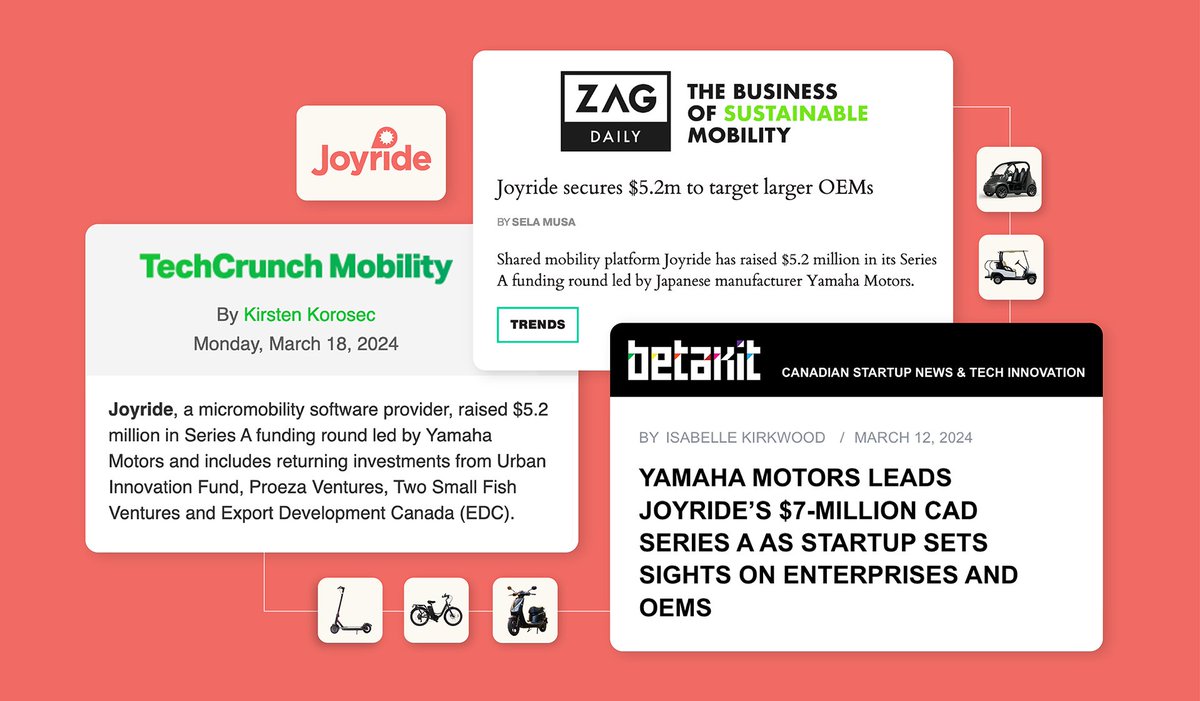 Joyride (@joyridecity) on Twitter photo Good news travels fast šµ ā”
Our Series A has sparked lots of convos and coverage, and we can't wait to make more headlines with exciting developments.
It's a thrill to transform global mobility w/ <a href="/YamahaMotorUSA/">YamahaMotorUSA</a> @UrbanInnoFund <a href="/twosmallfishvc/">Two Small Fish Ventures</a> <a href="/ProezaVentures/">Proeza Ventures</a> <a href="/ExportDevCanada/">EDC</a> Good news travels fast šµ ā”
Our Series A has sparked lots of convos and coverage, and we can't wait to make more headlines with exciting developments.
It's a thrill to transform global mobility w/ <a href="/YamahaMotorUSA/">YamahaMotorUSA</a> @UrbanInnoFund <a href="/twosmallfishvc/">Two Small Fish Ventures</a> <a href="/ProezaVentures/">Proeza Ventures</a> <a href="/ExportDevCanada/">EDC</a>
