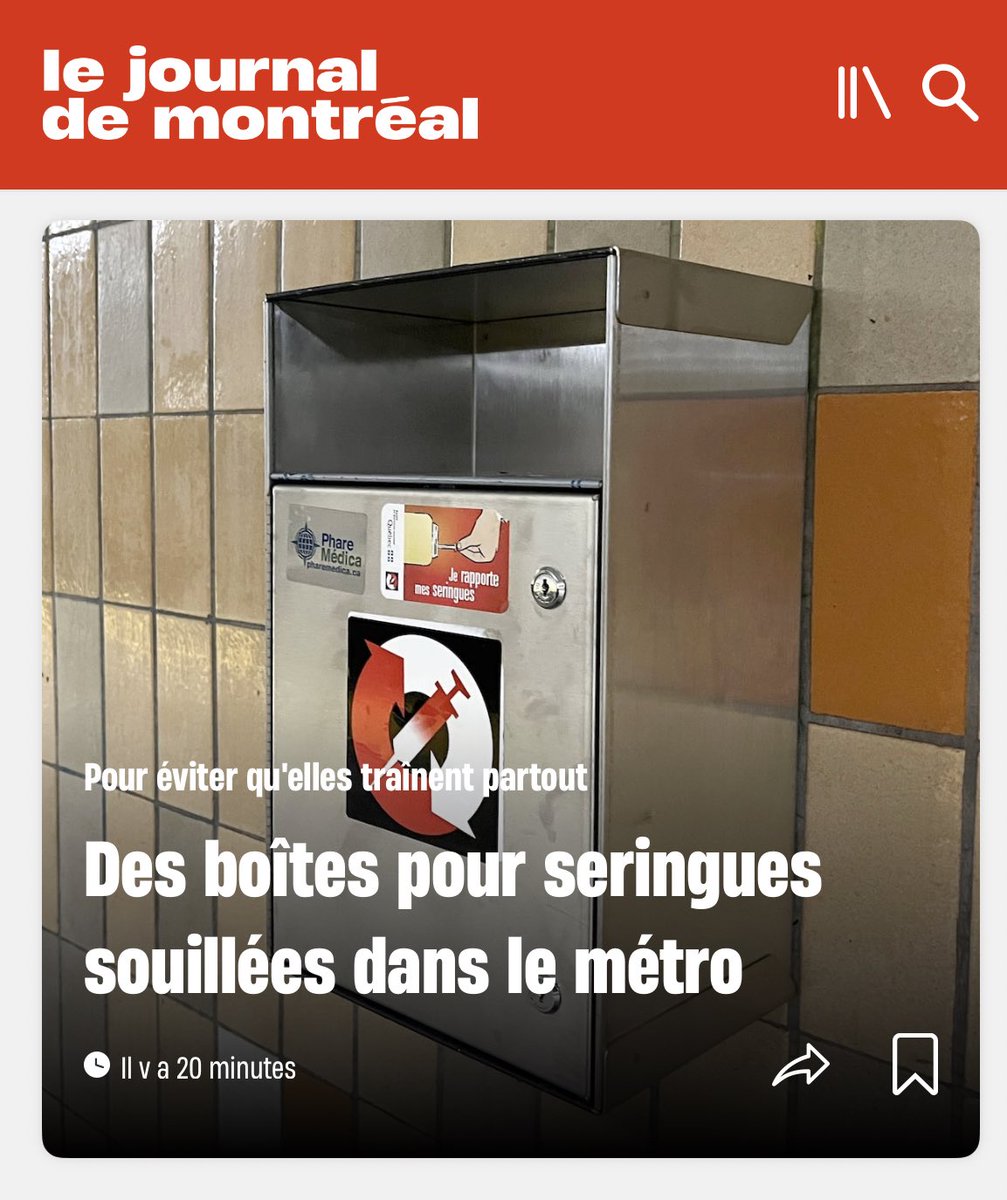 Confrontée à une hausse des plaintes pour des seringues souillées laissées à la traîne dans son réseau, la STM déploie pour la première fois des boîtes afin de récupérer ces aiguilles dans plusieurs stations de métro, a appris le @JdeMontreal 💉🚇 👉 journaldemontreal.com/2024/03/19/hau…