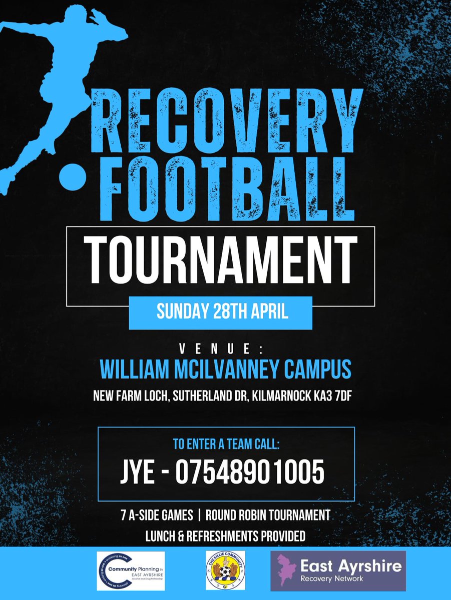 📢 The final leg of the Pan-Ayrshire Recovery Football Tournament - Sun 28th April in Kilmarnock ⚽️ 🥅 💥 To get involved or make a contribution, contact Jye @KillieCommunity 🙏 @ea_adp @EARecoveryHub @EAAdvocacy @eahscp @withyouinEAyrsh @RecoveryAyr @MINDS333 @NestWellbeing