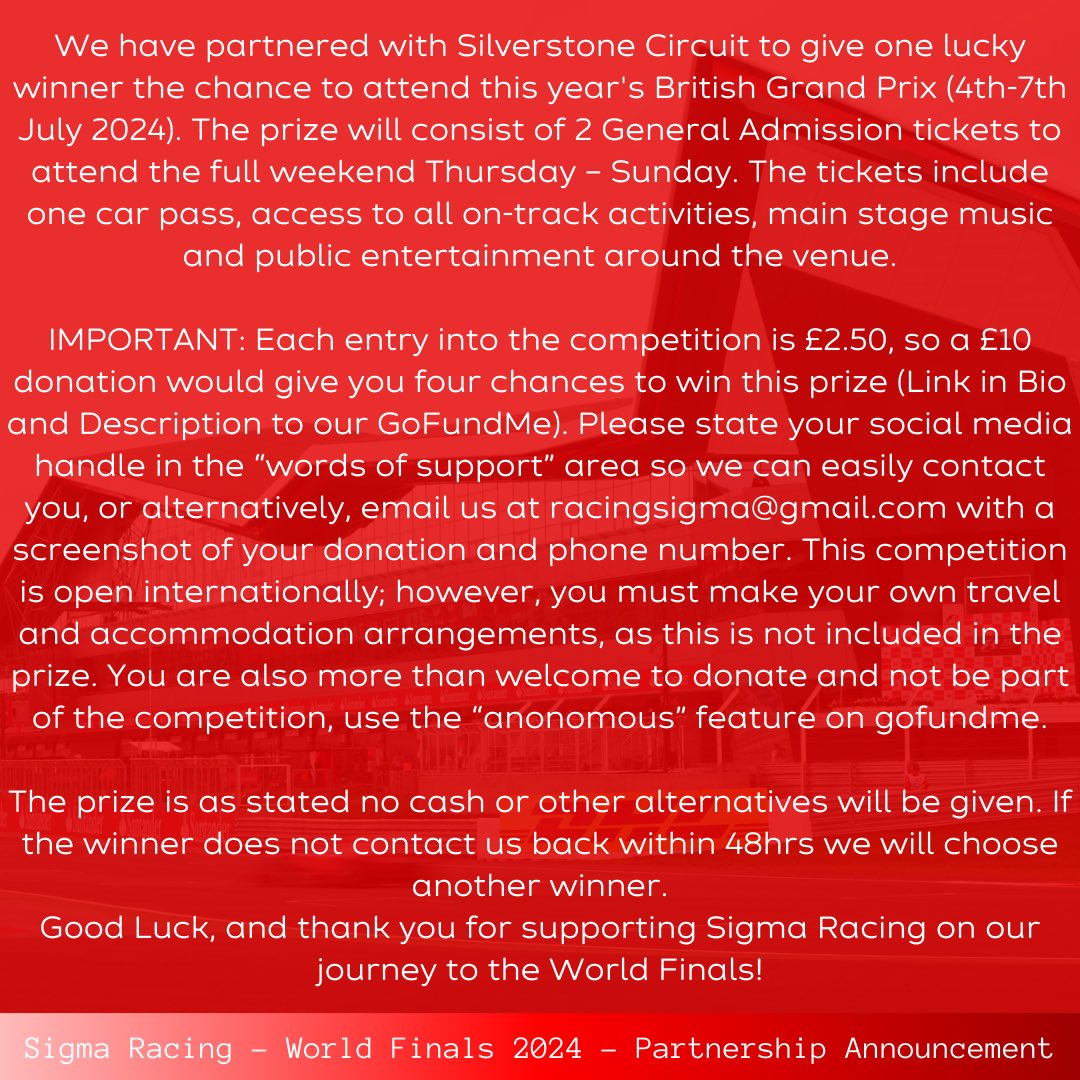 Sigma Racing (@racing_sigma) on Twitter photo Enter now!! - gofund.me/4913b694
<a href="/CAUC_SHS/">CAUC</a> <a href="/SandbachNubNews/">Sandbach Nub News</a> <a href="/SandhighDT/">Sandbach High D&T</a> <a href="/SandbachCollege/">Sandbach College</a> <a href="/SilverstoneUK/">Silverstone</a> <a href="/f1inschoolsUK/">F1 in Schools UK</a> <a href="/F1inSchoolsHQ/">STEMRacingHQ</a> <a href="/greenpower_team/">Greenpower</a> Enter now!! - gofund.me/4913b694
<a href="/CAUC_SHS/">CAUC</a> <a href="/SandbachNubNews/">Sandbach Nub News</a> <a href="/SandhighDT/">Sandbach High D&T</a> <a href="/SandbachCollege/">Sandbach College</a> <a href="/SilverstoneUK/">Silverstone</a> <a href="/f1inschoolsUK/">F1 in Schools UK</a> <a href="/F1inSchoolsHQ/">STEMRacingHQ</a> <a href="/greenpower_team/">Greenpower</a>