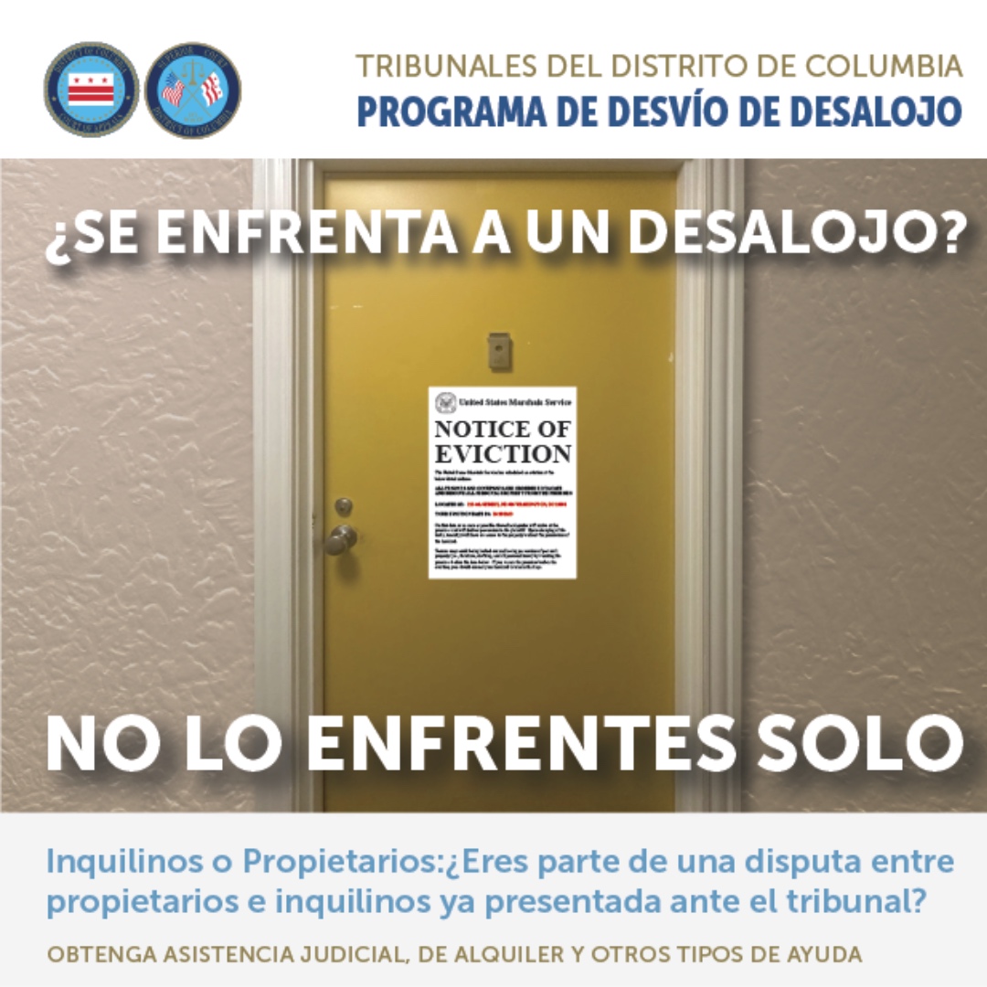 DCCourtsEDP's tweet photo. ¿Se enfrenta a un desalojo?

No Lo Enfrentes solo!

Para obtener ayuda gratis ahora. email: dccourtevictionhelps@dcsc.gov o llama al: 202-879-2073

#eviction #DC #program #help #PropertyManagement #renters #rent #WashingtonDC #landlord #tenant https://t.co/52Y6wSha5V
