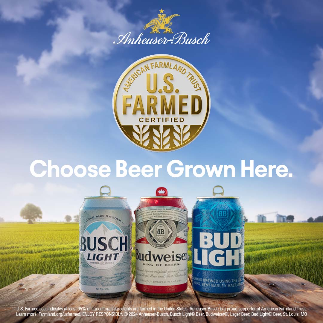 AnheuserBusch's tweet photo. Our biggest beers start on local U.S. farms. When you choose @BudweiserUSA, @BuschBeer, @MichelobULTRA and @BudLight, you #ChooseBeerGrownHere. ​
​
Proud to lead the industry by bringing the first U.S. Farmed certified brands to shelves across the country. @Farmland https://t.co/3DFAxWJefE