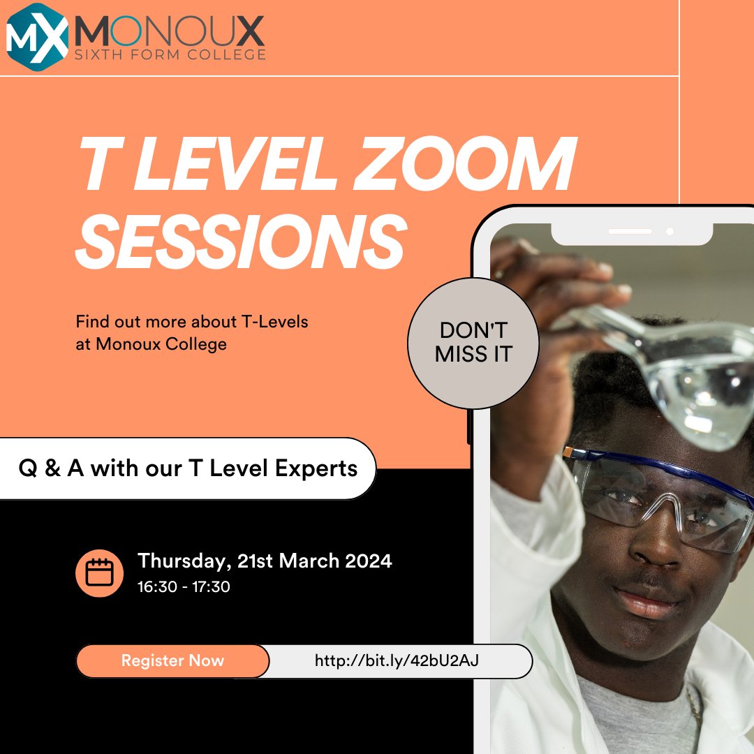 Curious about T Levels? Don't miss out on our final T Level session this week! 🌟 Register now for a chance to connect with our T Level teachers and experts and learn more about these exciting opportunities. SIGN UP HERE -> bit.ly/43mo7hw #TLevel #monoux #sixthform