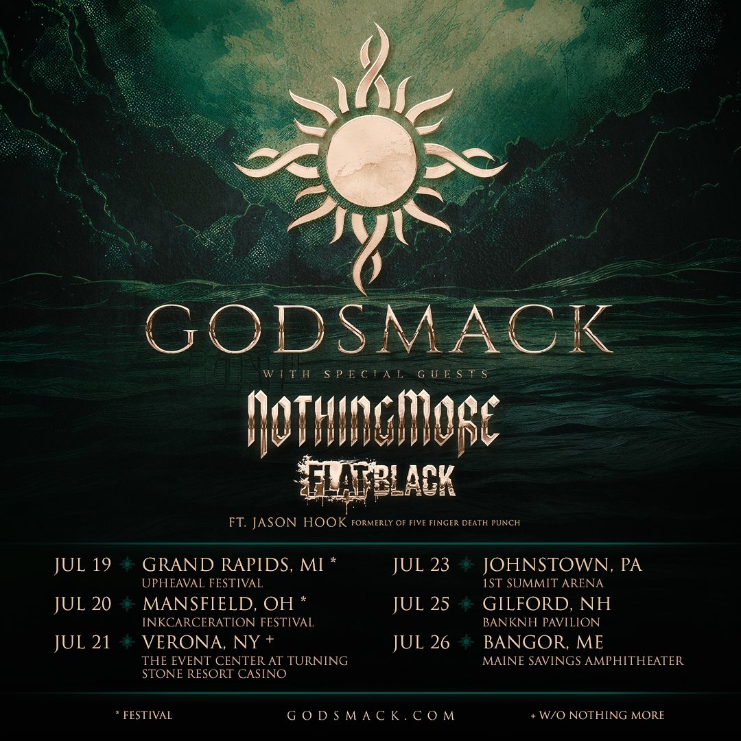 We are hitting the road again THIS SUMMER and will be TEARING IT UP with special guests @nothingmorerock and @FlatBlackMusic featuring @jasonhook03 formerly of FFDP! 🎫 Godsmack* Artist Pre-sale: Starts Weds. March 20 at 10AM (local) - Thurs. March 21 at 10PM (local) at…