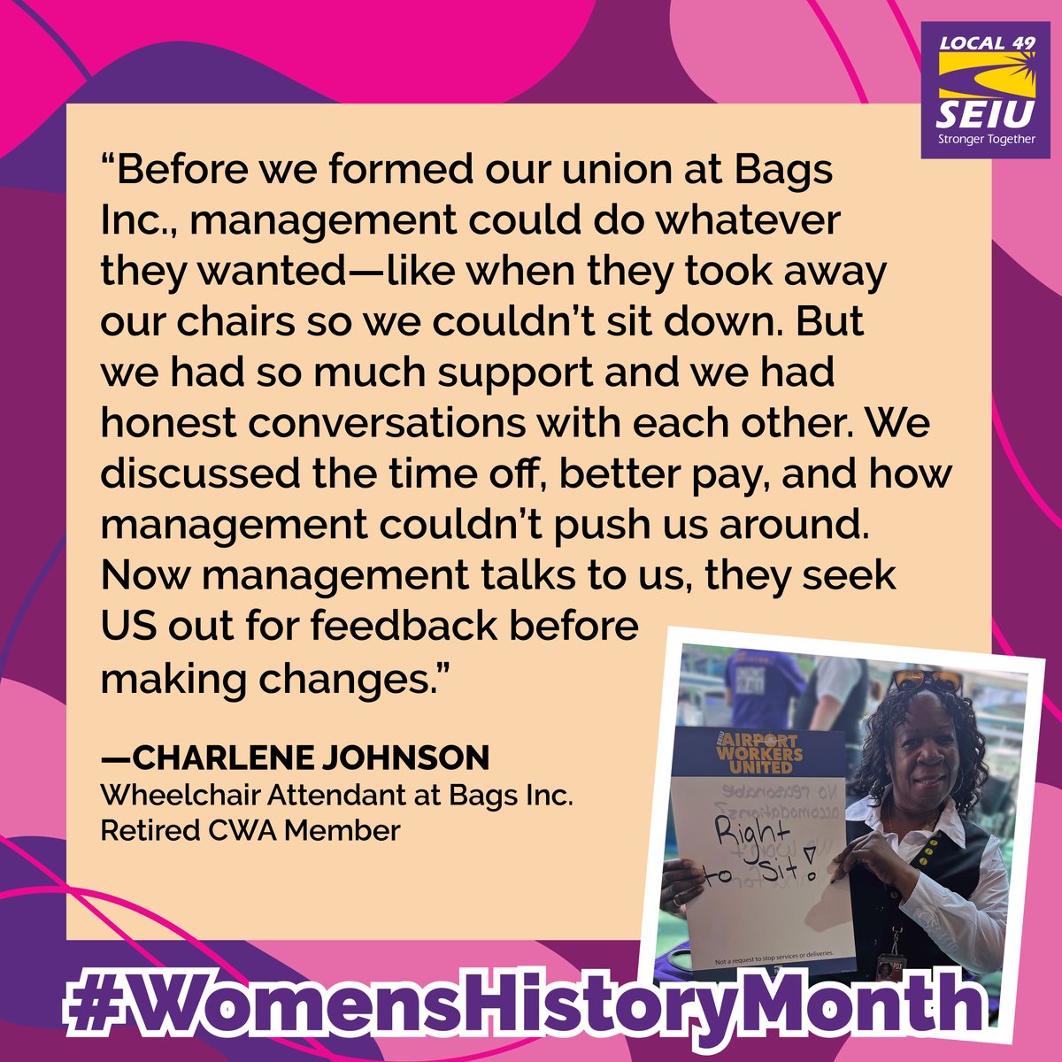 Charlene is a powerhouse for change at PDX. She & her coworkers achieved remarkable 2023 victories such as Bags Inc joining our union, regaining the right to sit during breaks after management took away their chairs, & securing prayer spaces for all! #WomensHistoryMonth