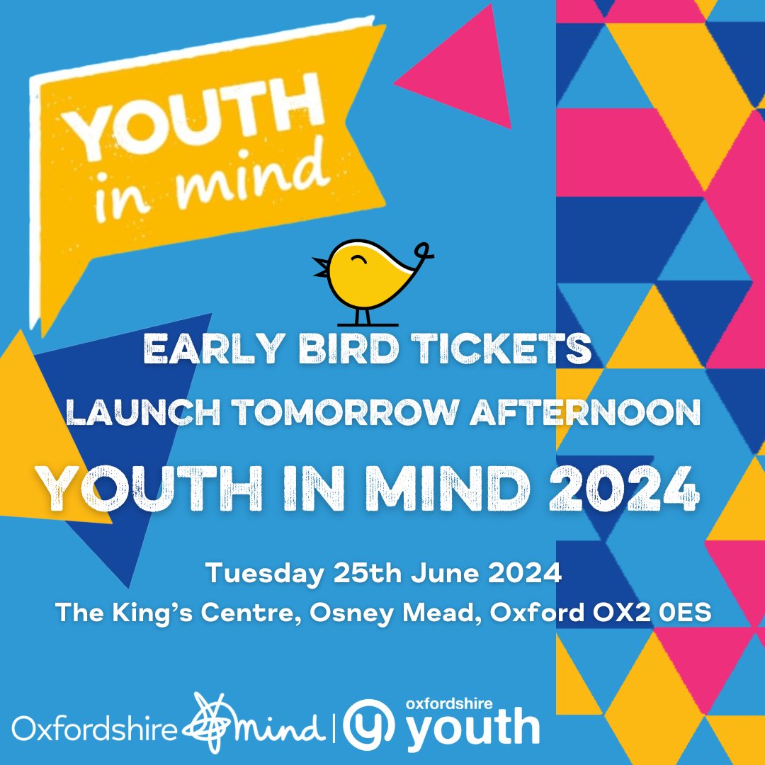 📢 Oxfordshire Mind and Oxfordshire Youth are looking forward to launching Youth in Mind 2024 tickets 🎟️ tomorrow afternoon! 🎉🎊🥳

#YouthInMind #OxfordshireYouth #OxfordshireMind #YoungPeople #Children #MentalHealth