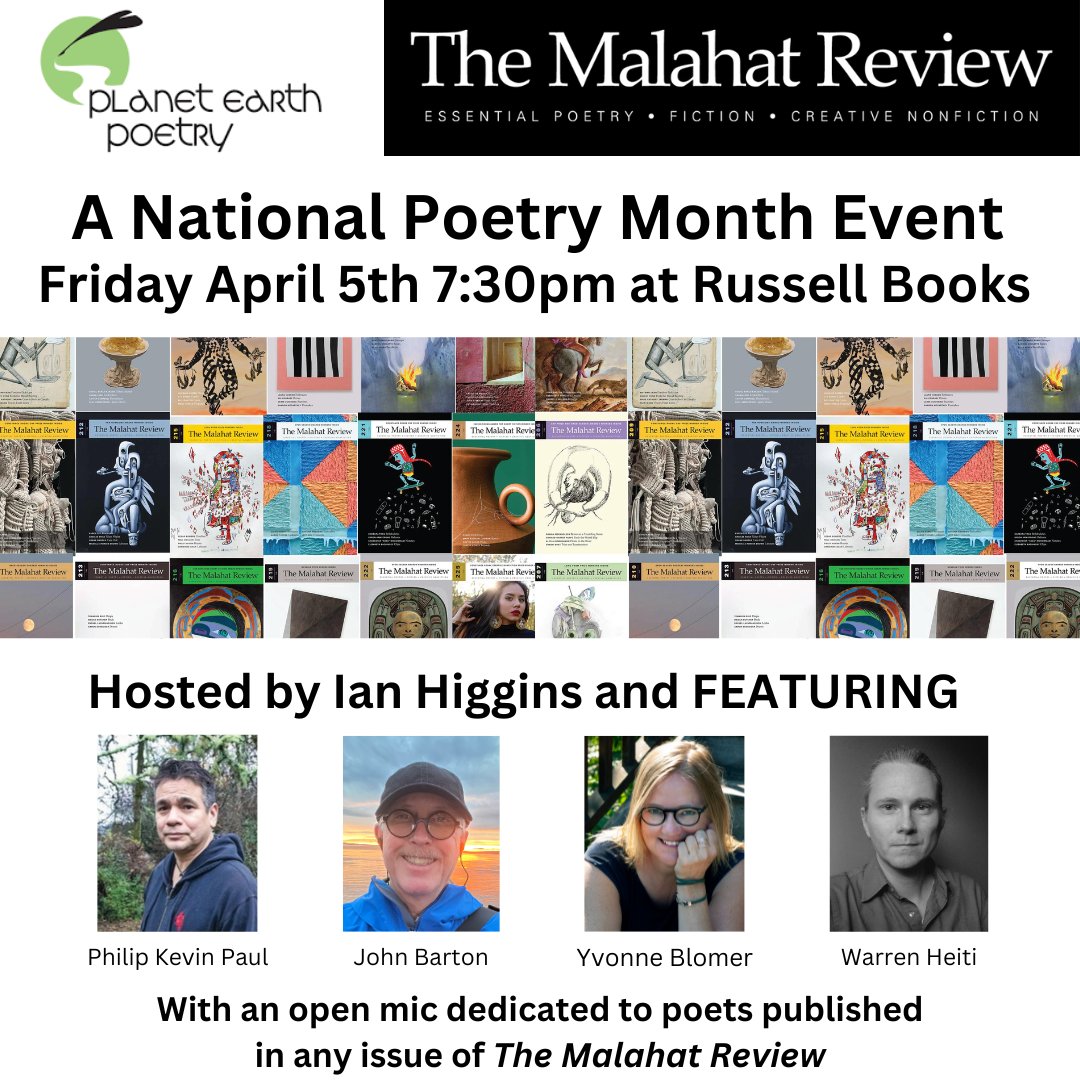 Join us w/ Planet Earth Poetry on Apr. 5 at 7:30pm @russellbooks! Hosted by Editor Iain Higgins & featuring John Barton, Yvonne Blomer, Warren Heiti, & Philip Kevin Paul. Had poetry published with us? The open mic before the reading is reserved for poets published in any issue.
