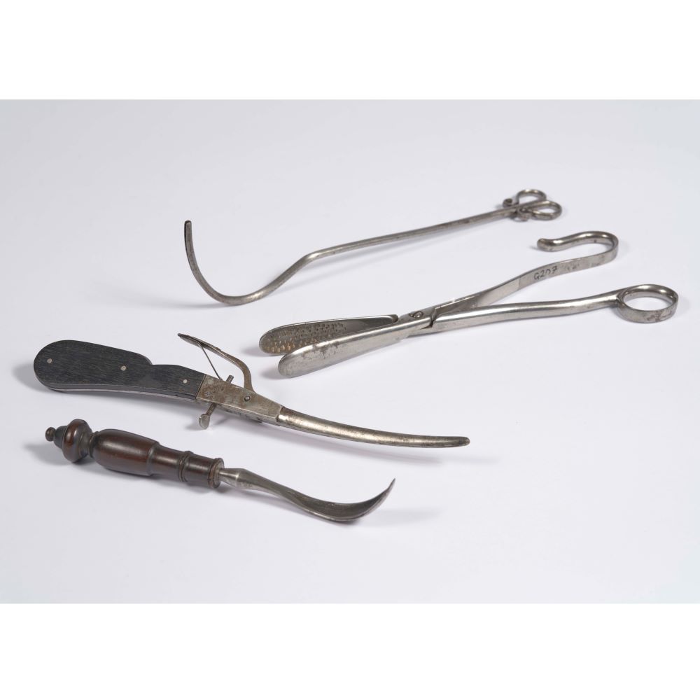 The Art and Science of Surgery Lithotomy instruments, late 1700s, long and thin for insertion into the bladder or urethra. The hook or forceps were used to extract a whole stone through an incision in the bladder, while the scoop was used to remove fragments of crushed stone.