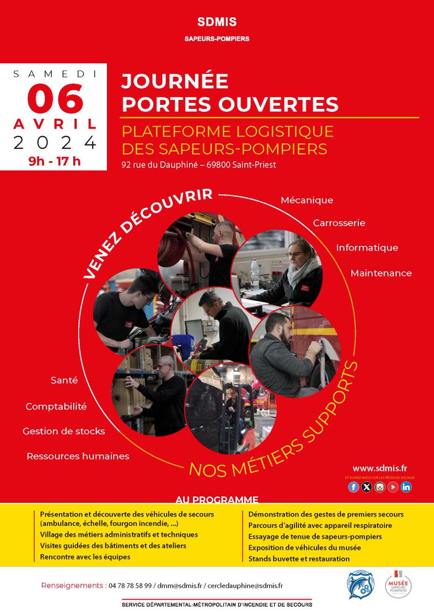 SDMIS69's tweet photo. [JOURNEE PORTES OUVERTES] 

A vos agendas 📆

La plateforme logistique des sapeurs-pompiers vous ouvre ses portes le samedi 6 avril 2024 de 9h à 17h 👉 venez découvrir les métiers supports du SDMIS. https://t.co/LrUmDWmFbG