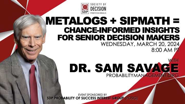 ⏳ There's still time to register! ⏳

Join us for our second Probability of Success Interest Group session featuring Professor Sam Savage.

Details &amp; Registration here: conta.cc/3TGhlQx

#SDP #DecisionMaking #DecisionProfessionals #InvestmentInsights #SIPMath