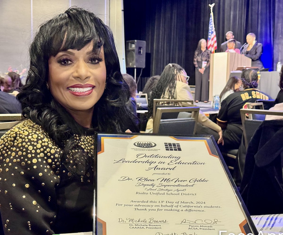 RialtoUSD's tweet photo. 🎉 Congratulations to Dr. Rhea McIver Gibbs, RUSD's Lead Strategic Agent, on receiving the Outstanding Leadership in Education Award at @theCAAASA’s recent conference! Her three decades of dedication to RUSD students and the community is inspiring. Congrats! 🏆 https://t.co/sf7hksOeHO