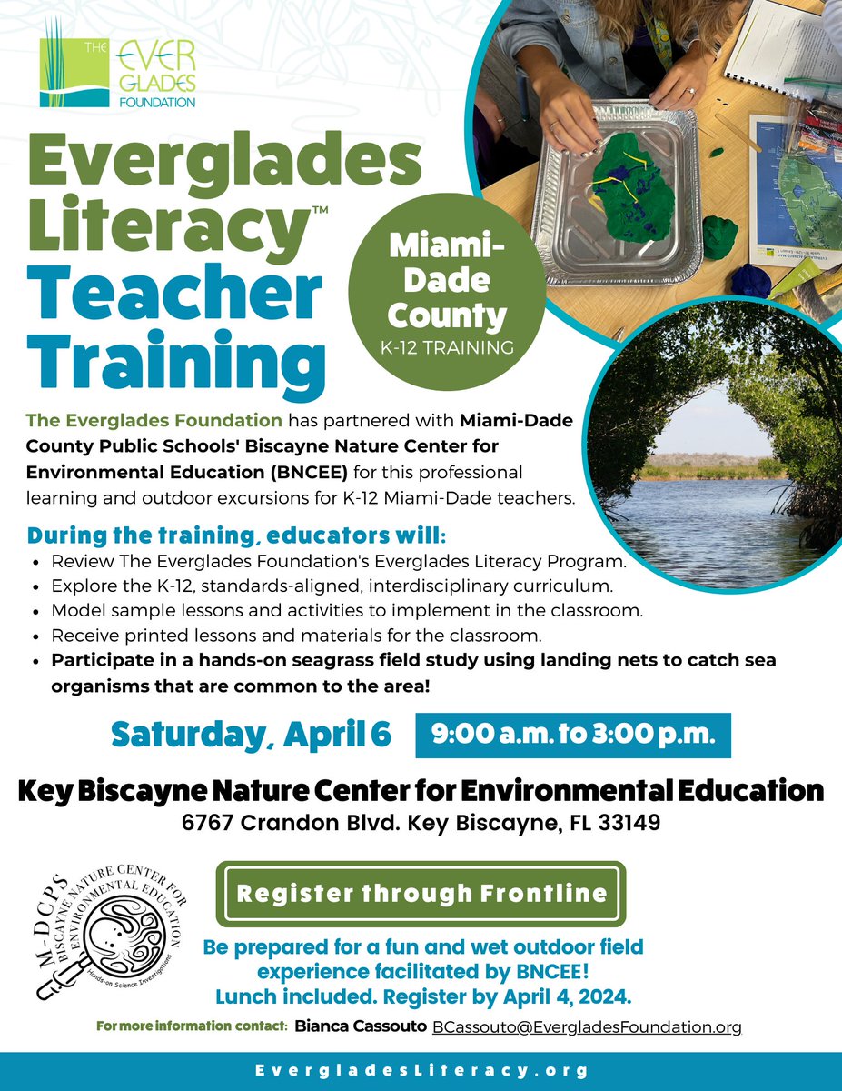 Hey @MDCPS teachers! We've partnered with the @BNCEE_MDCPS for an Everglades Literacy Teacher Training & hands-on seagrass field study on Saturday, April 6. Join us for a fun and wet outdoor field experience! @MDCPSSTEAM @MDCPSSci @NestorEMarcia @DaneMDCPS