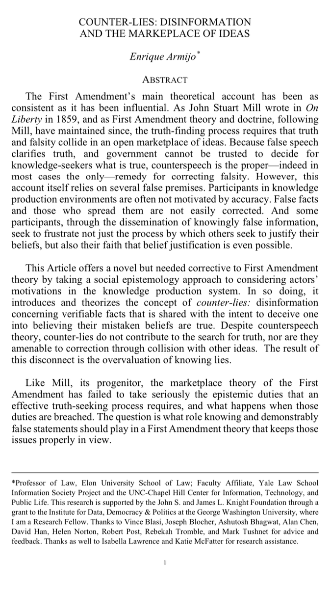 #newlawrevarticles “Counter-lies,” my contribution to the disinfo-&-First-Amendment debate, is forthcoming in the centennial volume of the @IndianaLJ. Thanks to colleagues at @unc_citap @GWIDDP and @yaleisp for informing & inspiring this project - @SSRN papers.ssrn.com/sol3/papers.cf…