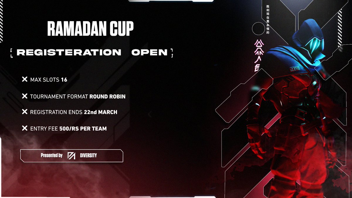 We Are Thrilled To Announce That Team Diversity Is Organizing Ramadan Cup for the first time this Year!! Registration is Now live. Tournaments starts on 23rd.

Payment Info : 03303179353,naya paya , Syed Arib Ali Naqvi

discord.gg/bRJYdHDaMr