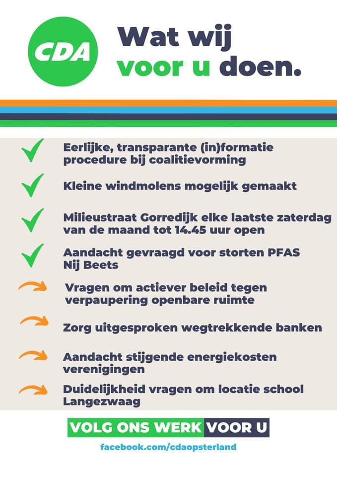 Halverwege de periode al weer, we zetten ons nog steeds met alle liefde en energie in voor (CDA)Opsterland. Hier een greep uit de punten waar we ons de afgelopen 2 jaar al voor hebben ingezet #cdaopsterland #samenopsterlandgroener