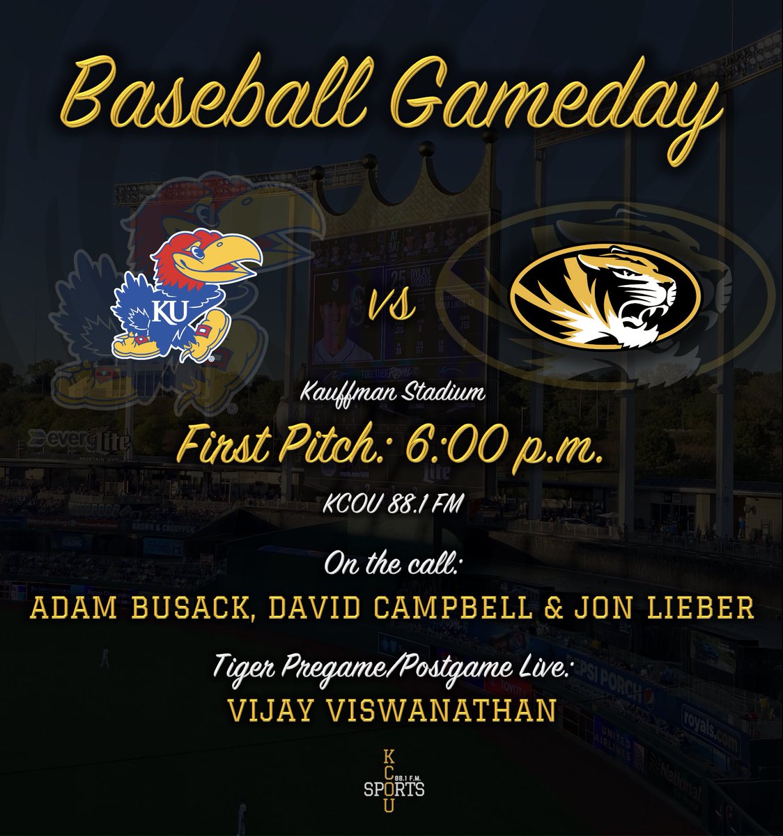 KCOUSports's tweet photo. It's a Border War in Kansas City⚾️
Tune in tonight as @MizzouBaseball takes on Kansas at Kauffman Stadium! https://t.co/2LqWMnojYP