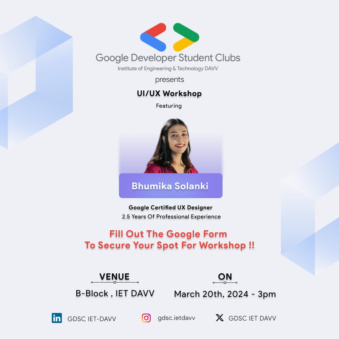 gdgoc_iet's tweet photo. Finally, the Wait is Over

The moment we've all been eagerly awaiting has arrived! Introducing highly anticipated workshop by Ms. Bhumika Solanki, a Google-certified UI/UX Designer with a wealth of experience!!

Don't miss out – see you all tomorrow at 3 pm in B-Block! https://t.co/D0xe3dA68V