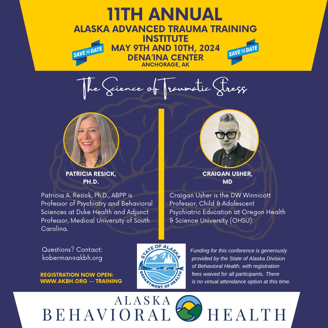 Registration is now open for the 11th Annual Alaska Advanced Trauma Training Institute! May 9 - 10 in Anchorage. This conference is supported by the State of Alaska  - and is offered at no cost! More info and register: loom.ly/pNX9qdY

#mentalhealth #traumainformed