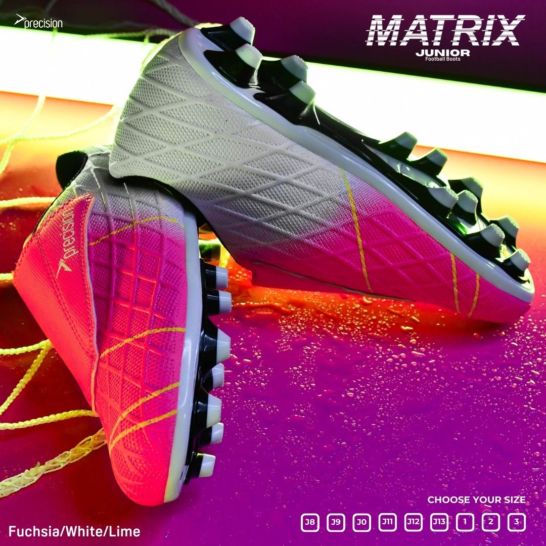 The bright fuchsia and white elements of this colourway create a design that will stand out not matter how you play! #precisiontraining #precision #sport #football #newproduct #launch #matrixboots #footballboots #juniorfootballboots #seriousaboutsport'