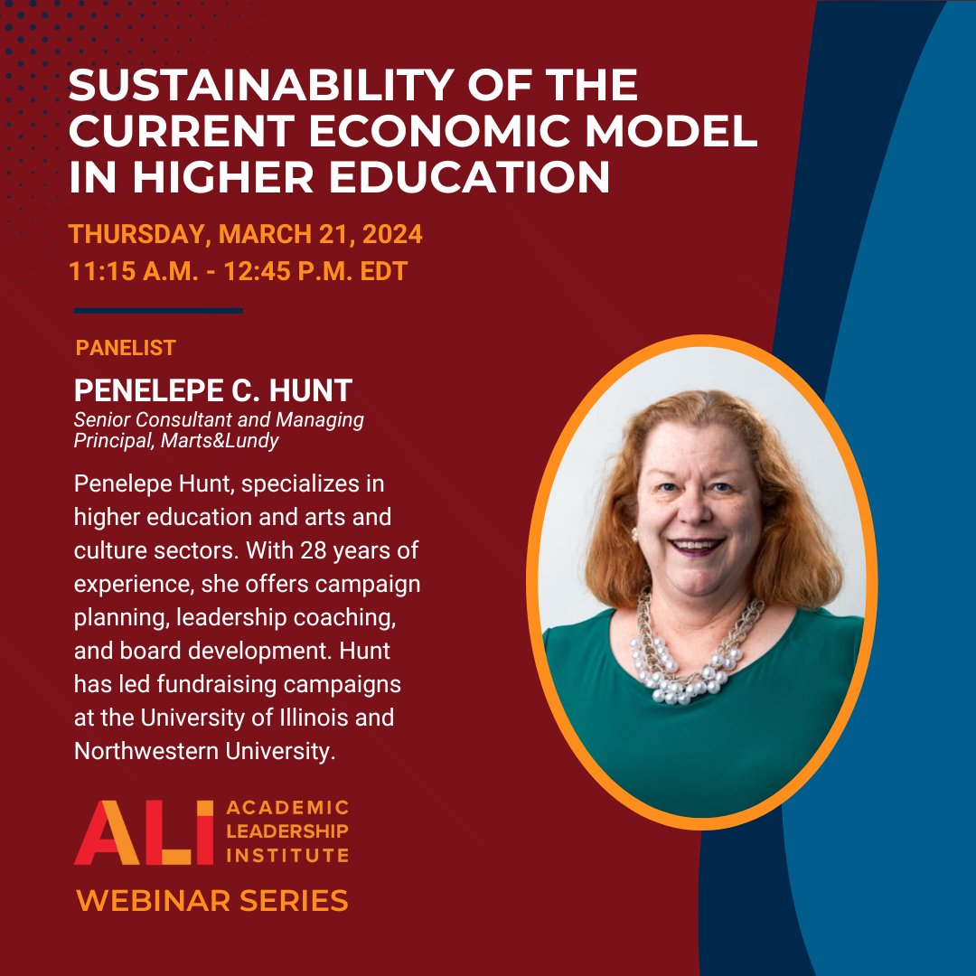 Meet the moderator and panelists for our upcoming ALI Webinar on March 21, 2024! @BDTSpelman, @PenelepeHunt, and Dr. Ted Mitchell will be discussing the sustainability of the current economic model in higher education. More information and registration: myumi.ch/wyqD3