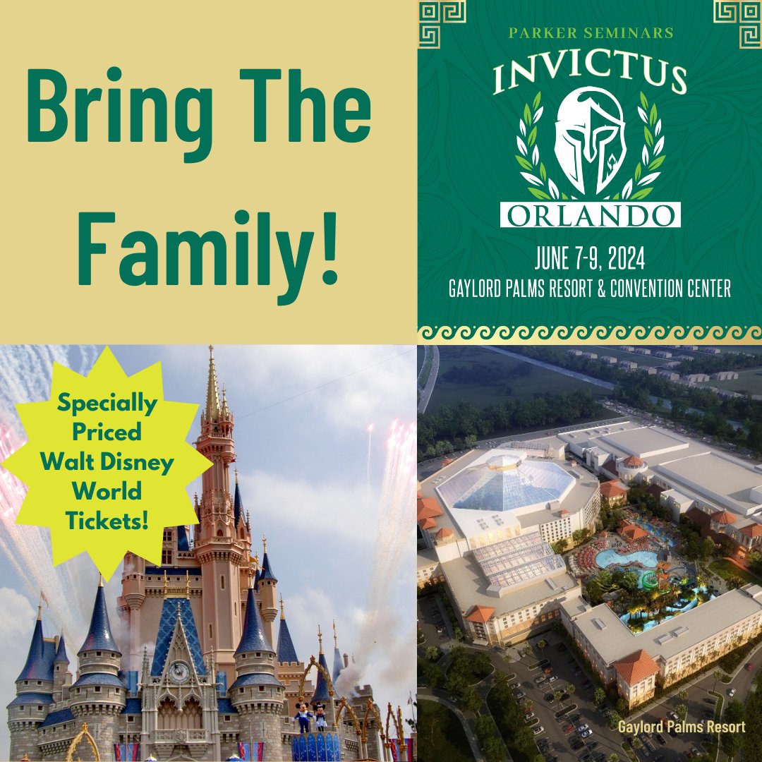 Join us at Parker Seminars Orlando, June 7-9! And, extend the magic for you and your family at Walt Disney World Resort. Special Disney tickets are valid from seven days before to seven days after our seminar. Follow the link at orlando.parkerseminars.com/hotel-and-trav… .