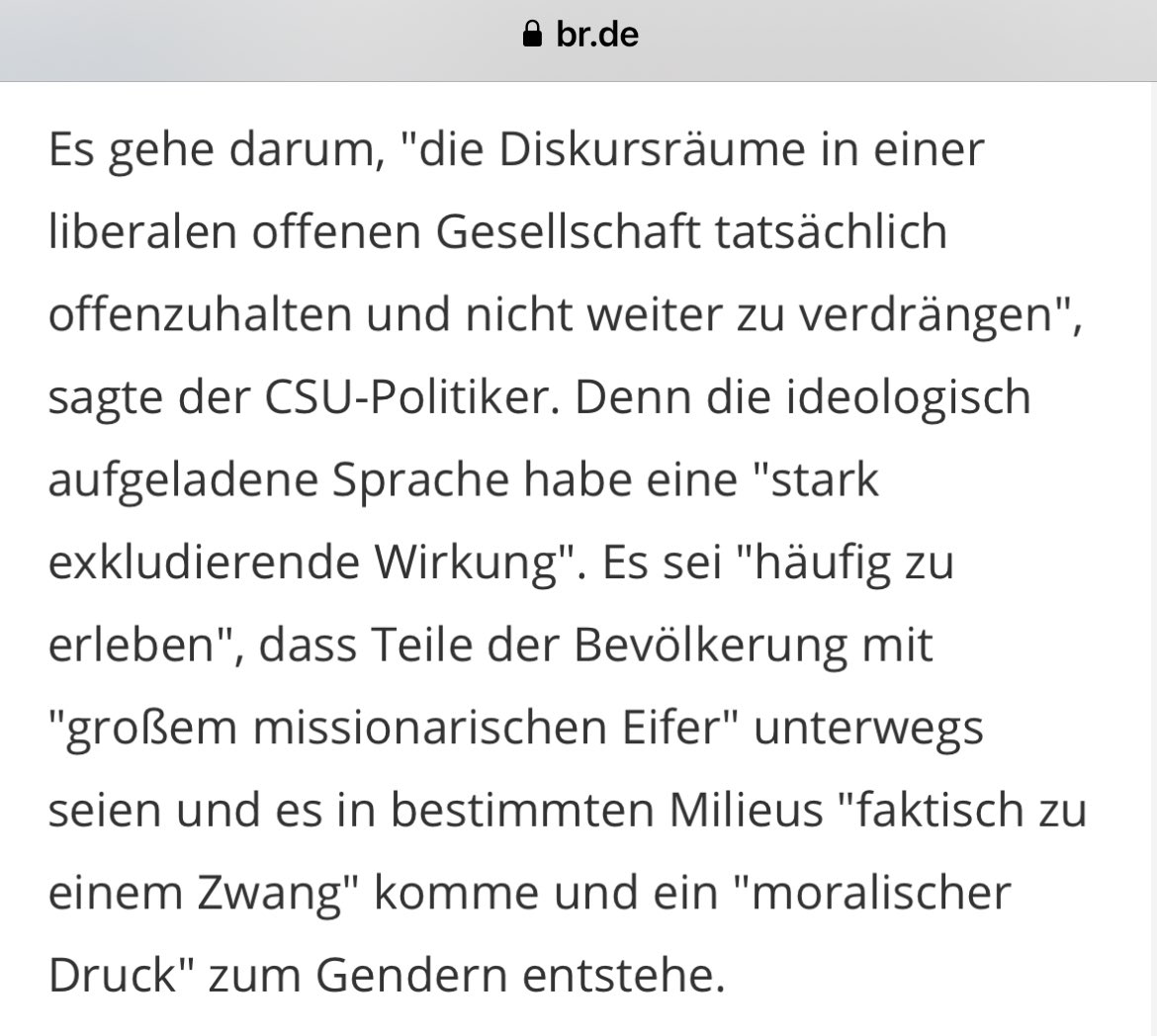 Interessante Logik. Die Regierung in Bayern verbietet ihren Beamt·innen zu gendern, um „die Diskursräume in einer liberalen offenen Gesellschaft tatsächlich offenzuhalten“. Es soll nämlich „kein Zwang“ entstehen: 
br.de/nachrichten/ba…