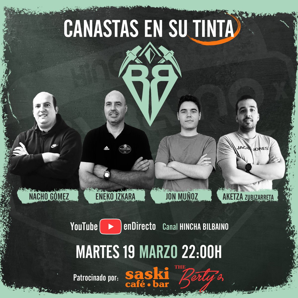 📅 Esta noche a las 22:00 h.
🏀 Tertulia #CanastasEnSuTinta
💻 #YouTube canal Hincha Bilbaino 
📊 Análisis de la "Semana Fantástica" del #BilbaoBasket 
👥 Invitados: <a href="/Igna94/">Ignacio Gómez</a>, #EnekoIzkara, <a href="/jonmu231/">Jon Muñoz</a> y <a href="/AkeZubi/">Aketza</a>
👉🏻 ¡Estáis convocados! 
Patrocinan <a href="/BarSaskiMiribil/">BAR SASKI</a> y <a href="/BertysBurger/">TheBertysBurger</a>