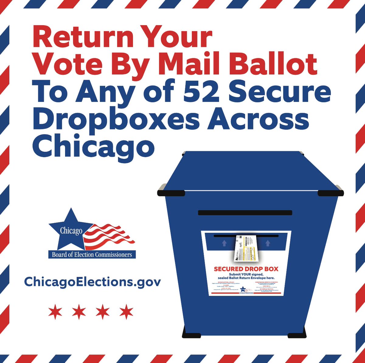 Still have your Vote By Mail ballot? Return it to a Secure Drop Box before 7:00pm today! Go to any location: chicagoelections.gov/voting/drop-bo… 🗳️