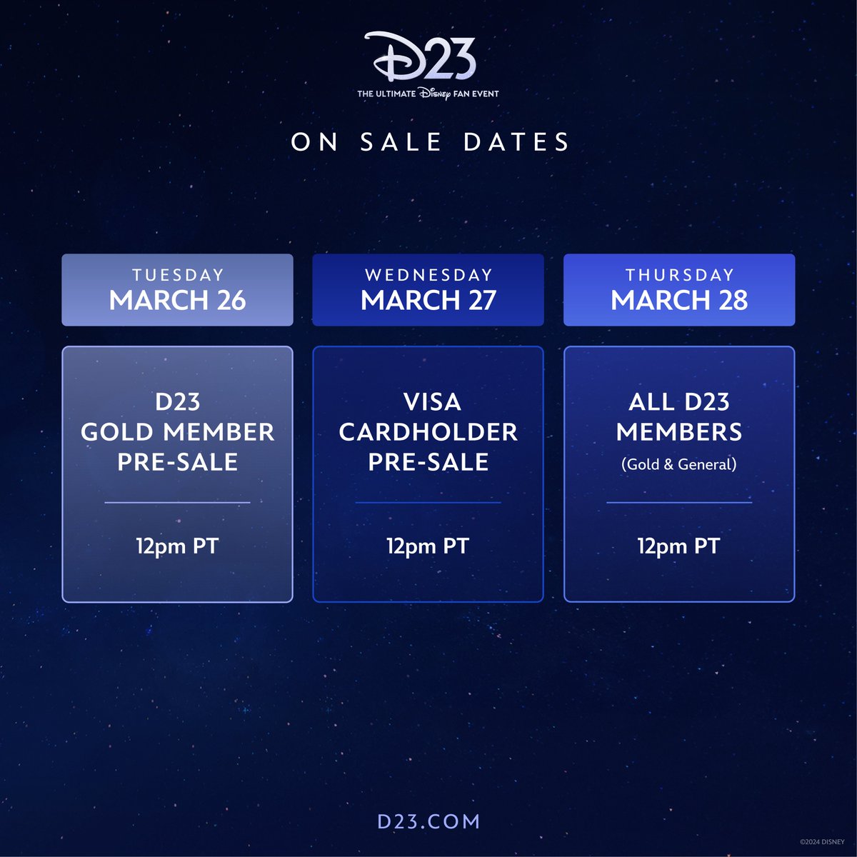 Tickets for D23: The Ultimate Disney Fan Event 2024 go on sale starting March 26 at 12 PM PT. Are you ready? #D23 Here's everything you need to know: ultimatefanevent.d23.com/tickets