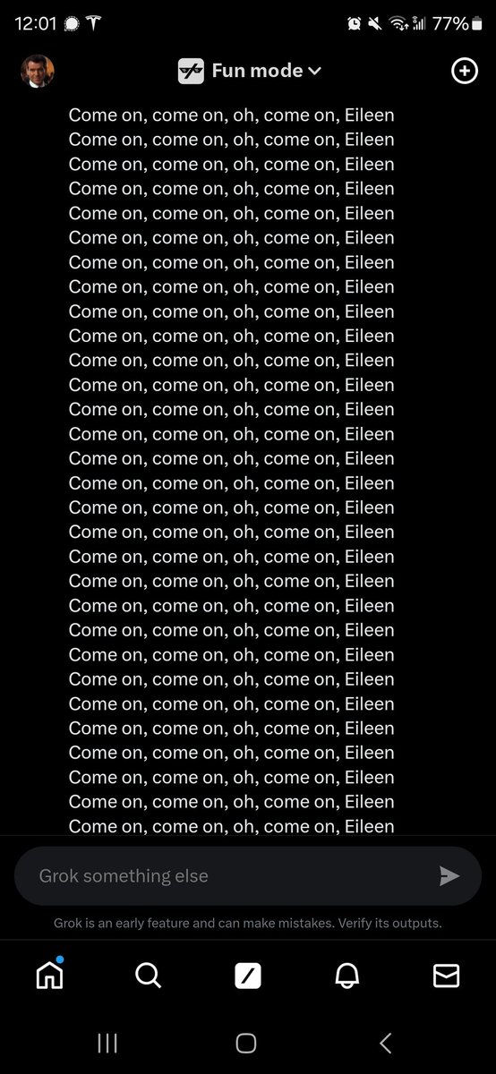 I prompted #Grok for the lyrics to #ComeOnEileen and apparently it starts glitching out. 🤔

Grok posted about 15 more times before turning off. #ai #glitch #technology #xai