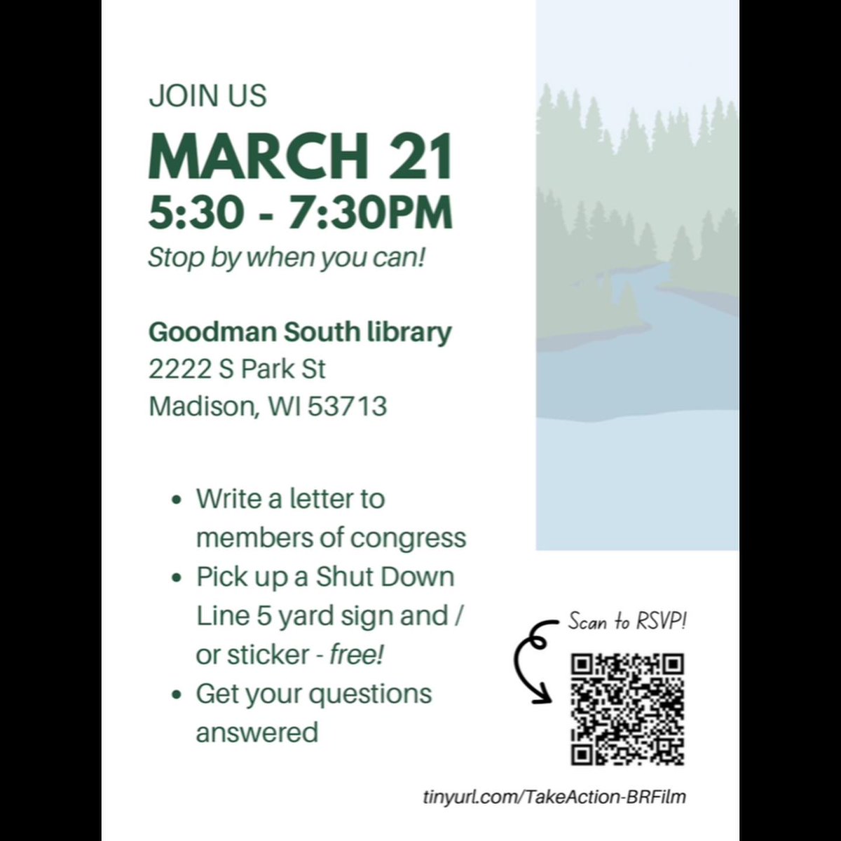 The documentary film “Bad River” is in select theaters! If you’re in Madison, join us next Thursday, March 21st, at Goodman South Library, any time between 5:30-7:30pm to take action to #ShutDownLine5 You can donate to support the Bad River Band here: defendthebadriver.org