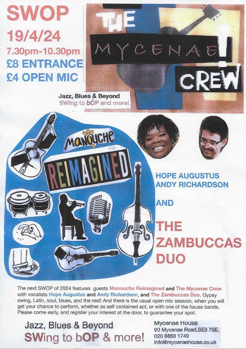 Do you like foot tapping, finger snapping, #jazz, #soul, #blues & Latin music with that #acoustic tinge? The SWOP Sessions return on Fri 19 Apr 8-11pm featuring: Hope Augustus / Andy Richardson / The Zambuccas Duo plus #OpenMic £8 / £4 open mic #LiveMusic #Blackheath #Greenwich