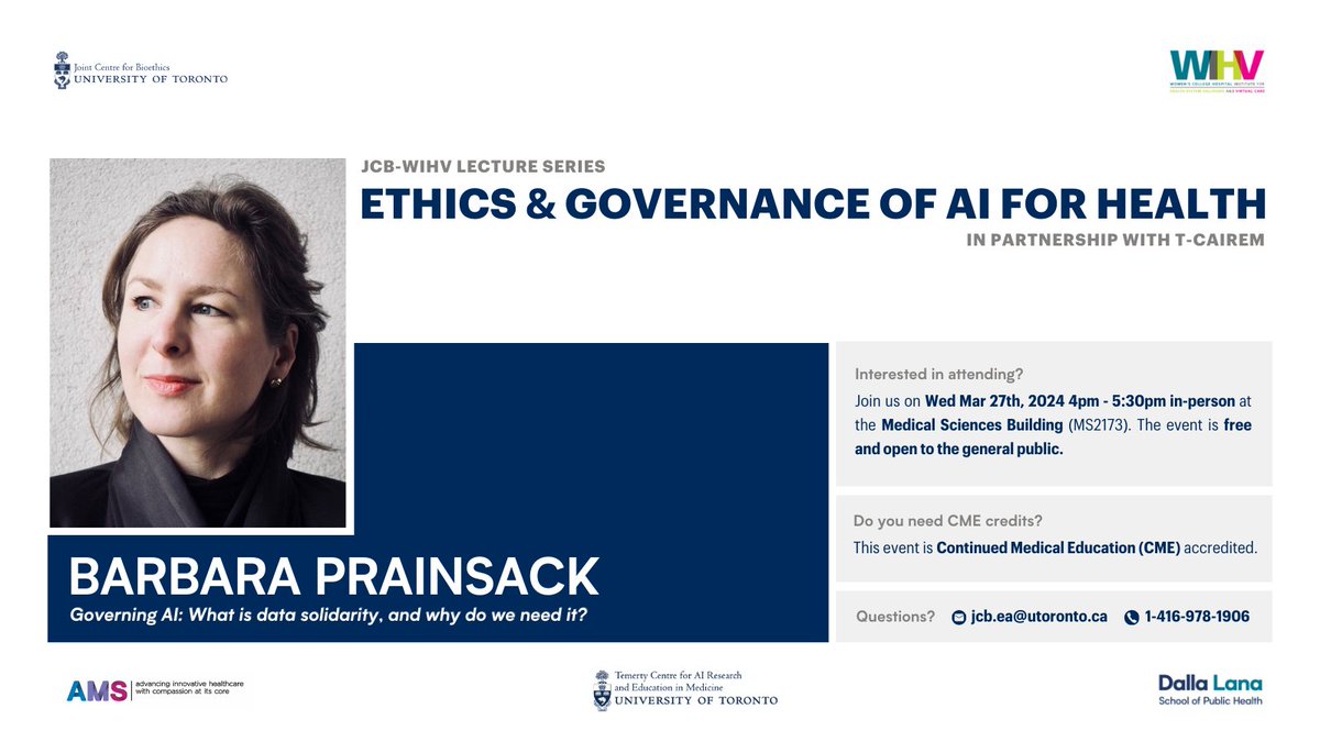 📣 Dr. Barbara Prainsack (@BPrainsack ) 🗣️ #Governing #AI: What is #data solidarity, and why do we need it? 📆 March 27 (Wed.) • 4pm to 5:30pm ET 📍 IN-PERSON and ONLINE 🔗 tcairem.utoronto.ca/event/jcb-wihv… @utjcb @WCHResearch @TorontoSRI