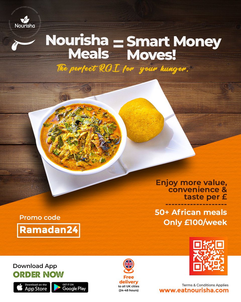 Craving value, convenience, and taste? You are in luck! Enjoy 50+ African meals for just £100/week. Use promo code Ramadan24 and get free lunch and dinner on your 2nd & 4th subscriptions!
iOS: b.link/nourisha-apple
Android: b.link/nourisha-google 
#AfricanFoodinUK #EatNourisha