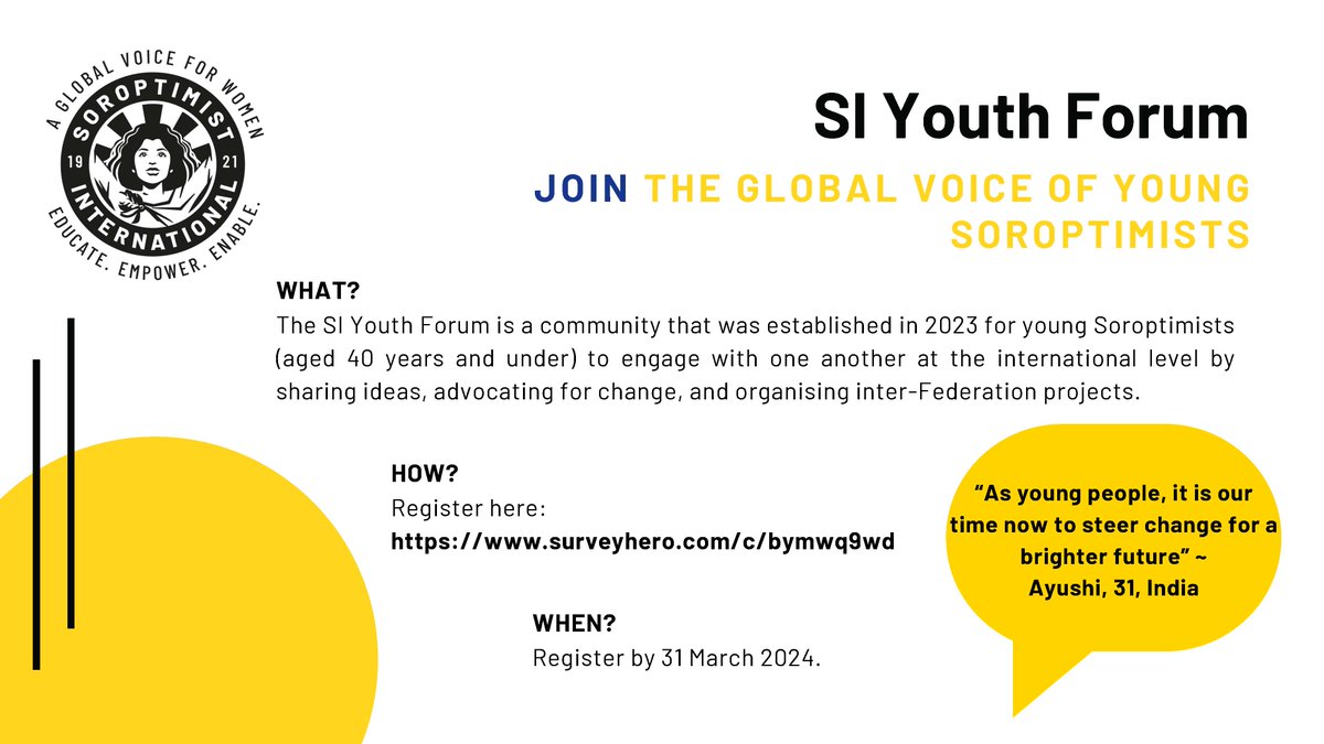 🗣️ Last Chance:The SI Youth Forum is a community that was established in 2023 for young Soroptimists (aged 40 years and under) to engage with one another at the international level by advocating for change and organising inter-Federation projects. soroptimistinternational.org/si-youth-forum…