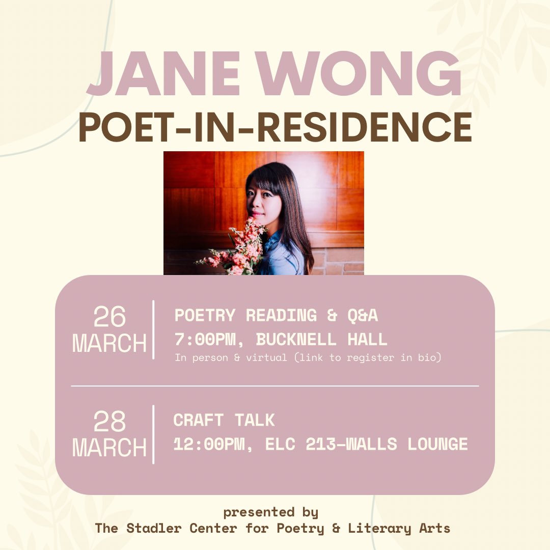 Next week, @poetjanewong will be joining us for a week of events! Her reading on Tuesday will be hybrid, both in person and virtual so we hope you’ll tune in! Link to register: bucknell.zoom.us/webinar/regist…