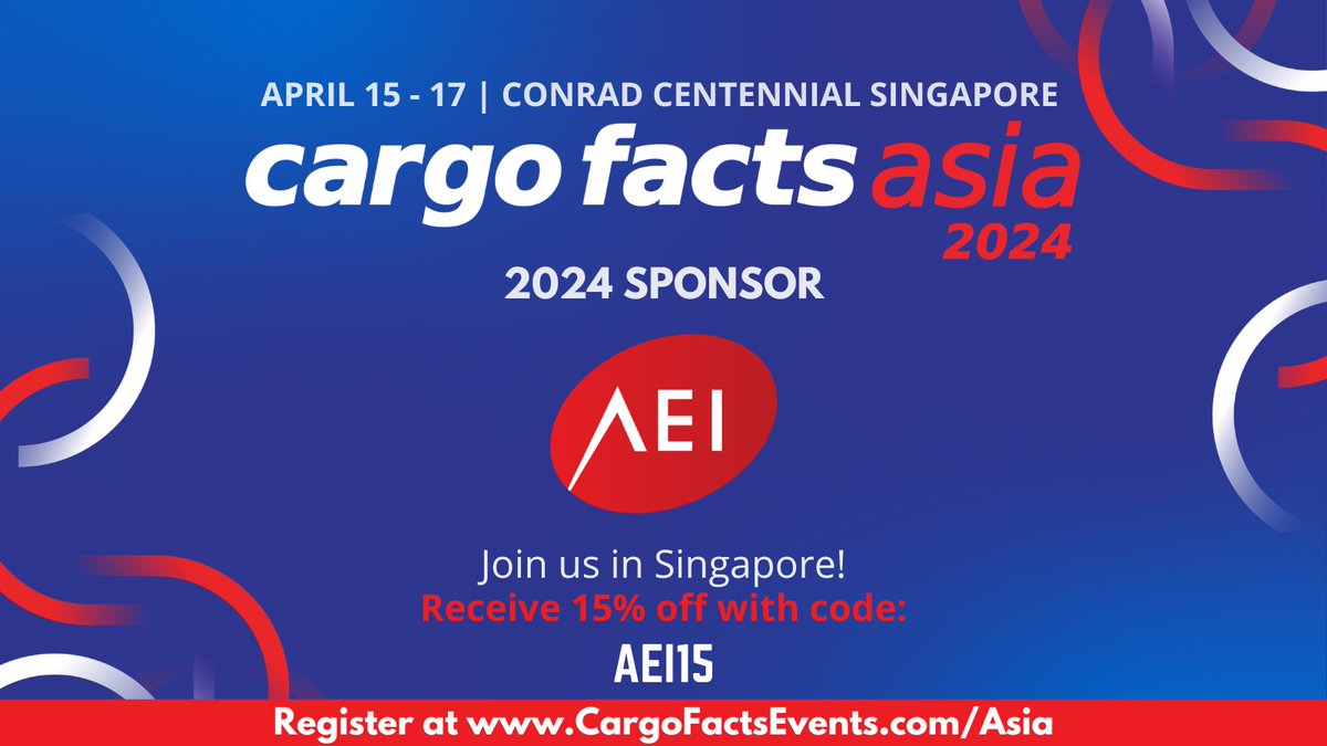 AEI_Conversions's tweet photo. AEI is proud to be a sponsor of the 2024 Cargo Facts Asia. Join us April 15-17 at the Conrad Centennial Singapore. Receive 15% off your registration with our exclusive discount code. Register now: https://t.co/DxxpzcvrOW https://t.co/wFvIpLS53x