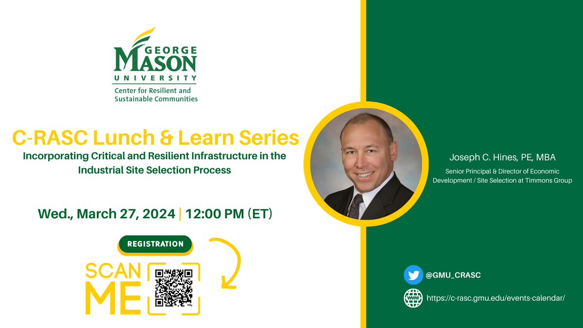 GMU Center for Resilient & Sustainable Communities (@gmu_crasc) on Twitter photo Event🚨: Incorporating Critical and Resilient Infrastructure in the Industrial Site Selection Process
🗣️: Joseph C. Hines of <a href="/timmonsgroup/">Timmons Group</a>
📅Wed. March, 27th at 12:00 PM (ET)
📍Zoom Webinar
Link🔗: bit.ly/4cjoL3B Event🚨: Incorporating Critical and Resilient Infrastructure in the Industrial Site Selection Process
🗣️: Joseph C. Hines of <a href="/timmonsgroup/">Timmons Group</a>
📅Wed. March, 27th at 12:00 PM (ET)
📍Zoom Webinar
Link🔗: bit.ly/4cjoL3B