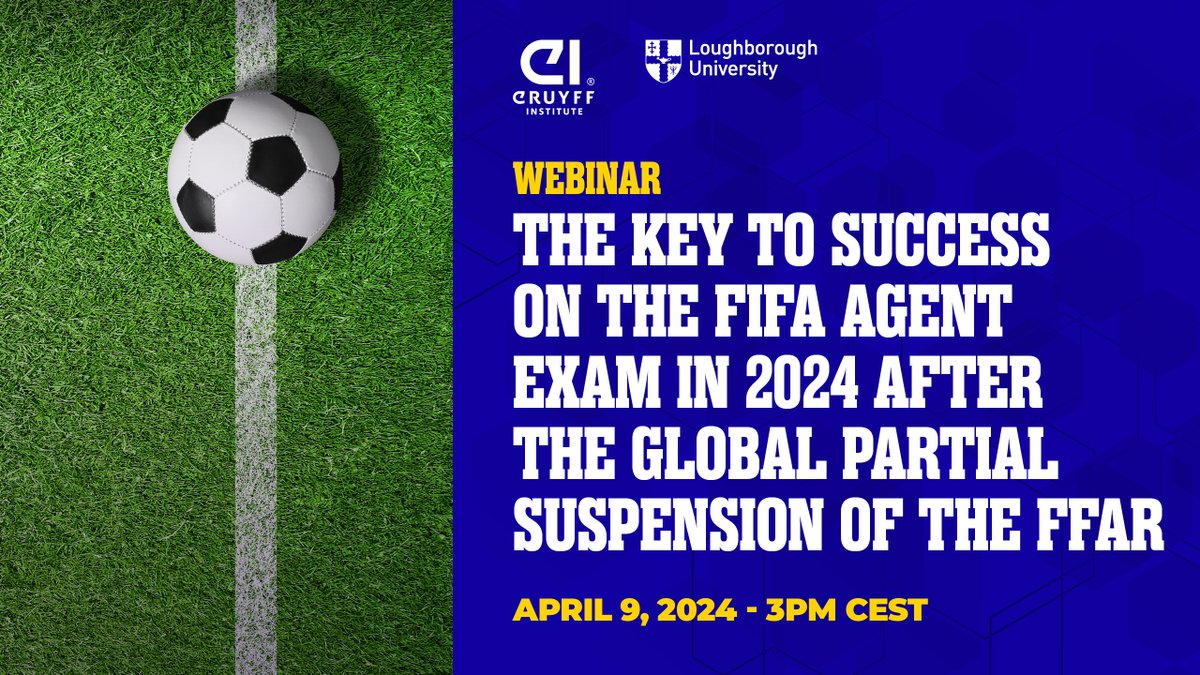 CruyffInstitute's tweet photo. Don't miss our webinar "The Key to Success on the @FIFAcom Agent Exam in 2024 after the Global Partial Suspension of the FFAR", on April 9th at 4 PM (CET)!
Speaker: Dr. @Serhat_yilmaz, Senior Lecturer in Sports Law at @lborouniversity.
โ๏ธRegister now: https://t.co/3IvDwv4uL3 https://t.co/EHq4dlhCPD