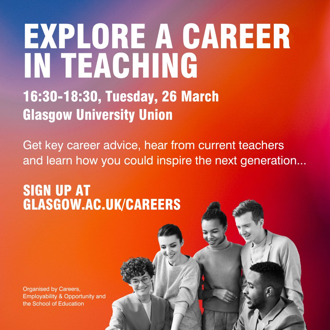 If you're curious and flexible and like to motivate others, you have the makings of a good teacher! Teaching is for those from all degrees and offers many benefits 📅 Tue, 26 Mar, 16:30-18:30 @GUUnion Register: gla.ac.uk/myglasgow/care…