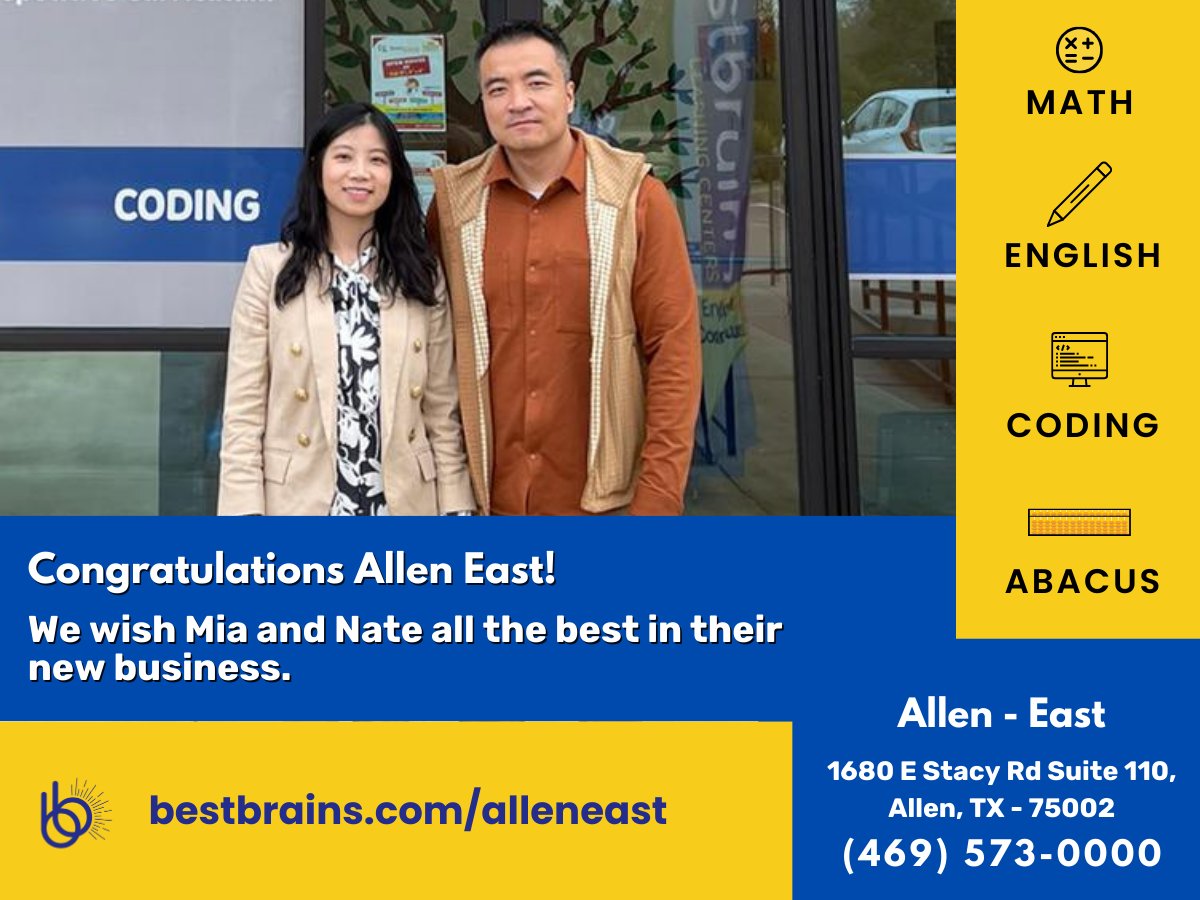 Best_Brains_Inc's tweet photo. 🚨🚨 New Best Brains Location! 🚨🚨 
 
We're excited to welcome our newest franchisee to the family, please welcome - Mia and Nat!

Come see what our newest franchise location has to offer at Best Brains Learning Center - Allen East! 
 
Learn more about Best Brains Learning Center – Allen East: https://t.co/SlcrGFFanh

Check out their location! 
1680 E Stacy Rd Suite 110,
Allen, TX - 75002 
https://t.co/rUHDHXjeKM