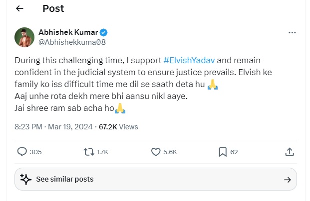 rneeraj5099's tweet photo. #AbhishekKumar came in full support of #ElvishYadav with a message of support for his family and he ends the tweet with Jai Shree Ram.
$BLOCK $GMRX $PARAM @GaiminIo @GetBlockGames @ParamLaboratory https://t.co/WOodNCJabh
