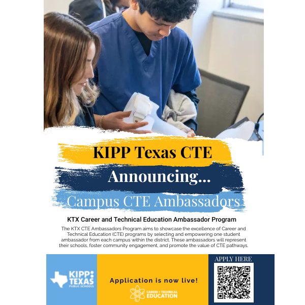 KIPP Texas CTE is excited to announce... Campus CTE Ambassadors! One student ambassador from each KIPP Texas campus will be selected. Ambassadors will represent their schools, foster community engagement, and promote the value of CTE pathways.

Apply Here: forms.gle/5iap8k2Snw92na…