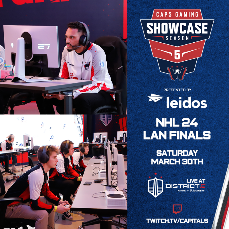 Capitals's tweet photo. The fifth season of the @capsgaming Showcase, presented by @LeidosInc, is coming to a close!

Finalists One Nation and @TheUnderdogsNHL will battle it out March 30 at 11 AM at @DistrictEDC for their shot at taking home our $15k prize pool.

Get free tickets at the link below ⬇️