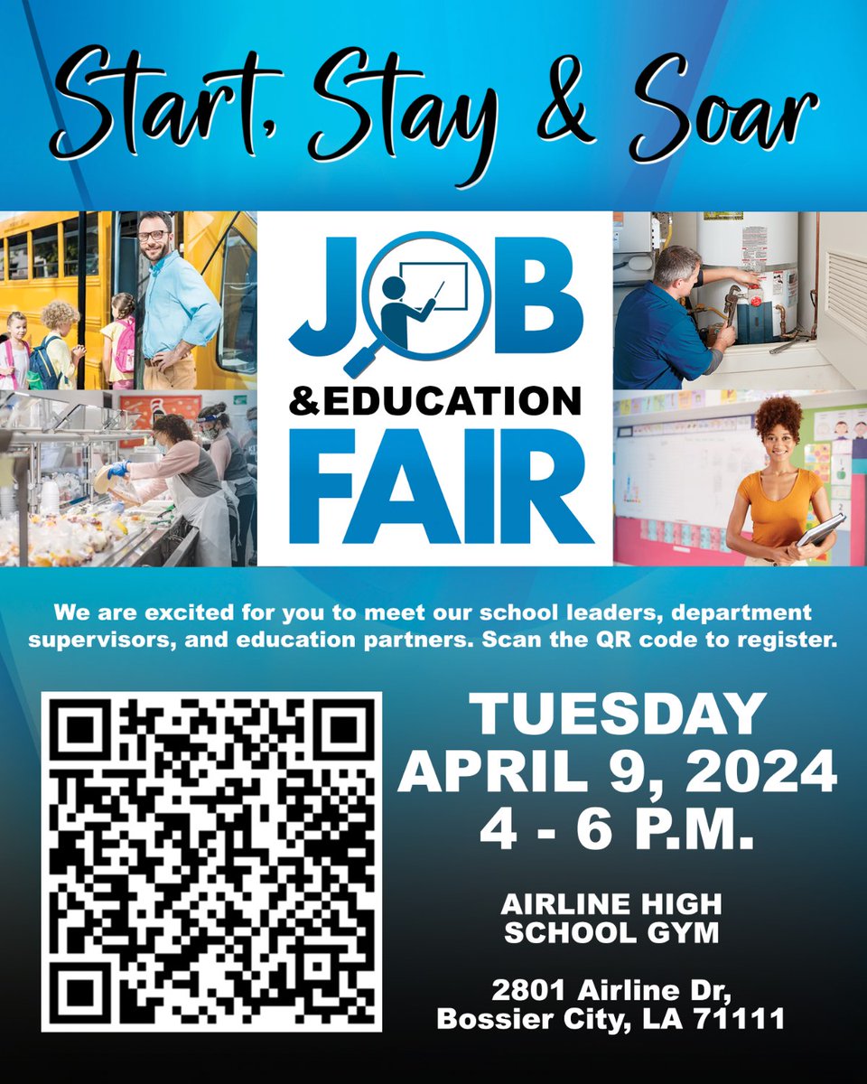 💙Looking for a rewarding career with Bossier Schools? Join us for our Job Fair on Tuesday, April 9 at Airline High School. Simply scan the QR code to register, or visit bit.ly/49YiNDi. Come join our family of #differencemakers! #Bossierschools #StartStaySoar
