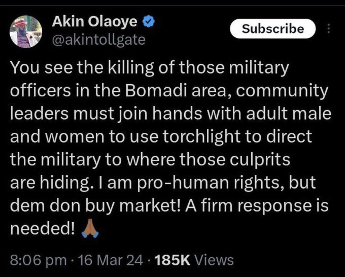 firstladyship's tweet image. In Akin’s mind, "the army should level Okuama in Delta state, but discussing Pooja’s genocidal tweet is childish.” In other words; “k!ll first, gaslight the people later.”

The mind of a dangerous boy!

No regard for human life &amp;amp; its sanctity.

“Okuama has erred, but they don’t…
