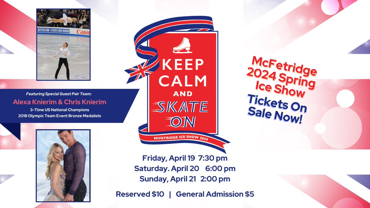 We're excited to announce our 2024 Spring Ice Show: Keep Calm and Skate On ⛸️🇬🇧 Featuring Special Guest Pair Team: @alexa_knierim & @ChrisKnierim 3-Time US National Champions 2018 Olympic Team Event Bronze Medalists 🎟️ Tickets: search.seatyourself.biz/webstore/accou…