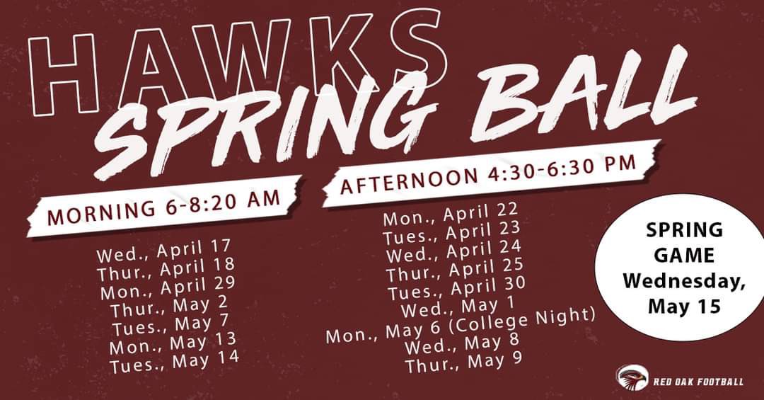 rohawksfootball's tweet photo. Good morning Red Oak family and college coaches ! Attached is our spring football schedule . THERE ARE BIG NAMES TO KNOW THIS ‘25 SEASON❗️WE DON’T REBUILD, WE’RE RELOADED ❗️Looking forward to seeing you all 💪 #RedOakFootball #The⭕️AK #RecruitRedOak #3Ds https://t.co/psa8hPxy6F