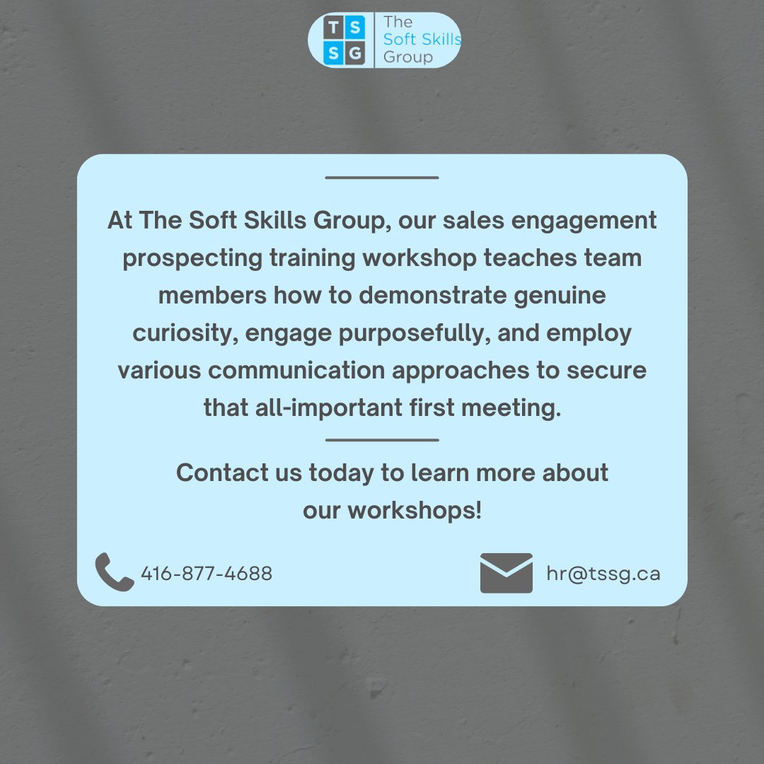 At TSSG, our sales engagement prospecting training workshop teaches team members how to demonstrate genuine curiosity, engage purposefully, and employ various communication approaches to secure that all-important first meeting.

Give us a call or send us an email to learn more!